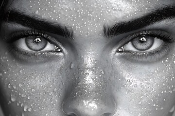 Close-up grayscale portrait of a person's face with water droplets.