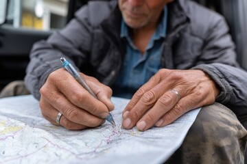 Obraz premium A rugged man intently studies a map while seated outdoors, emphasizing the spirit of adventure and the thrill of navigating unknown territories with careful thought and preparation.