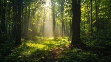 Sunbeams illuminate lush green forest path magical summer woodland sunlight beams through trees sky
