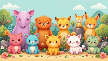 Adorable cartoon creatures showcased in a charming seamless layout.
