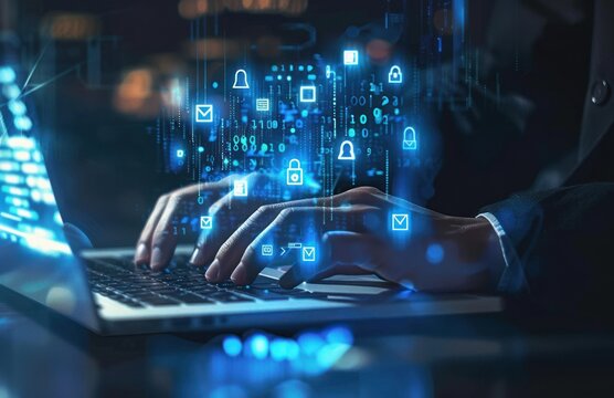 hands typing on laptop keyboard with floating digital icons of security locks, email envelopes, notifications and data codes, symbolizing cybersecurity and information technology activity - Powered by Adobe