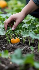 Hand Tending Mini Pumpkin Vine in Garden Soil with Green Leaves and Stem