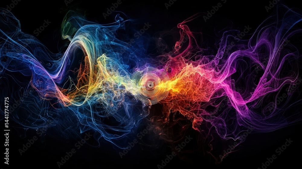 Poster soundwaves visualization emanating from central point abstract digital art vibrant colors dark envir