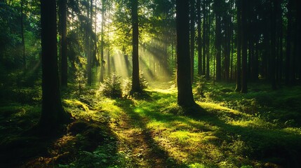 Obraz premium Sunbeams illuminate lush green forest path magical sunlight beams through trees tranquil nature scene