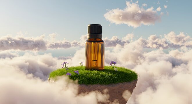 Aromatic elixir bottle against a serene skyscape on floating island