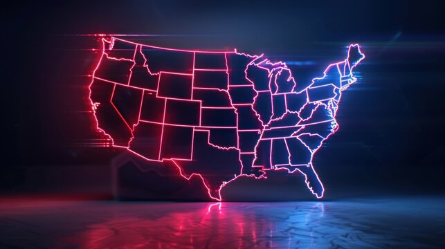 neon glowing outline map of united states with state borders illuminated in red and blue light on dark background with reflective surface conveying futuristic and dynamic atmosphere