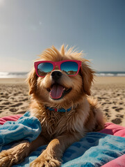 The dog with sunglass on the beach, the dog on vacation