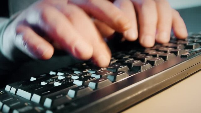 Mans hands typing on computer keyboard with sound