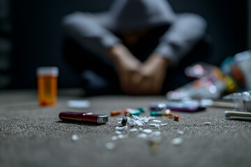 Obraz premium Depressed person sitting on floor amidst pills and drug paraphernalia in dark room