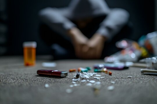 Depressed person sitting on floor amidst pills and drug paraphernalia in dark room