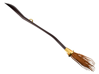 A sleek, modern broomstick featuring golden accents and intricate design. Its sharp bristles symbolize powerful magic and speed. Isolated on white background Clipping path.