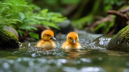 Two fluffy ducklings swim in a stream