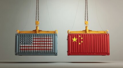 Two shipping containers with U.S. and Chinese flags hang side by side, symbolizing trade relations between the two countries.