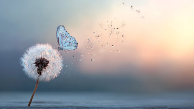 Fototapeta Natural pastel background. Morpho butterfly and dandelion. Seeds of a dandelion flower in drops of water on a background of sunrise. Copy spaces.