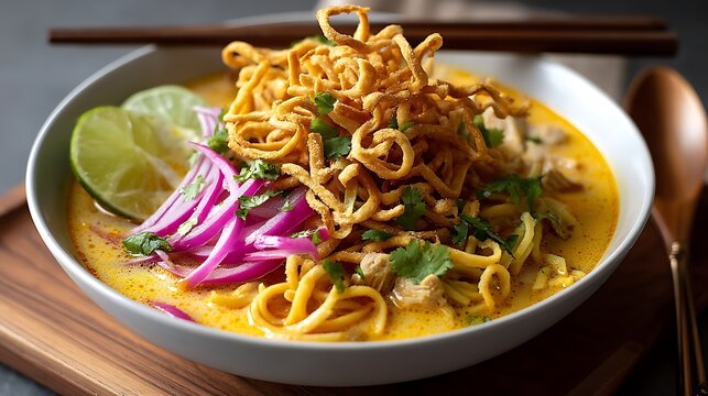 A close-up of a steaming bowl of khao soi coconut curry noodle soup, topped with crispy noodles and fresh lime, resting on a wooden surface, ready to be enjoyed 