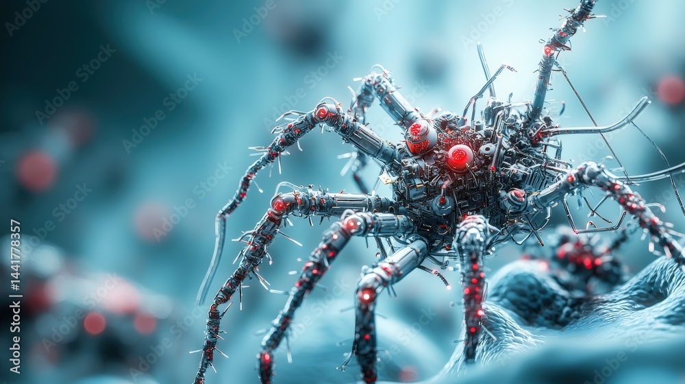 Poster Nanobots infiltrating enemy systems in a futuristic lab environment sci-fi concept art close-up perspective
