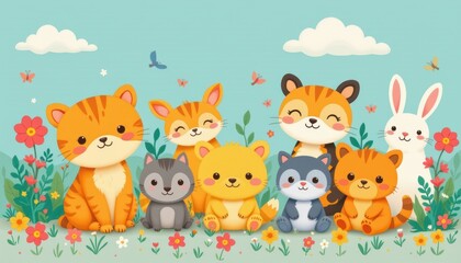 Fototapeta premium Adorable cartoon critters in a harmonious and seamless layout.