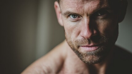 Naklejka premium A man's intense gaze, lost in thought; quiet determination in a moment of focus.
