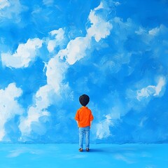 Creative background, Boy on a blue background shows how he grew up, dreams of becoming an adult. The concept of big growth, business, maturity, active 
