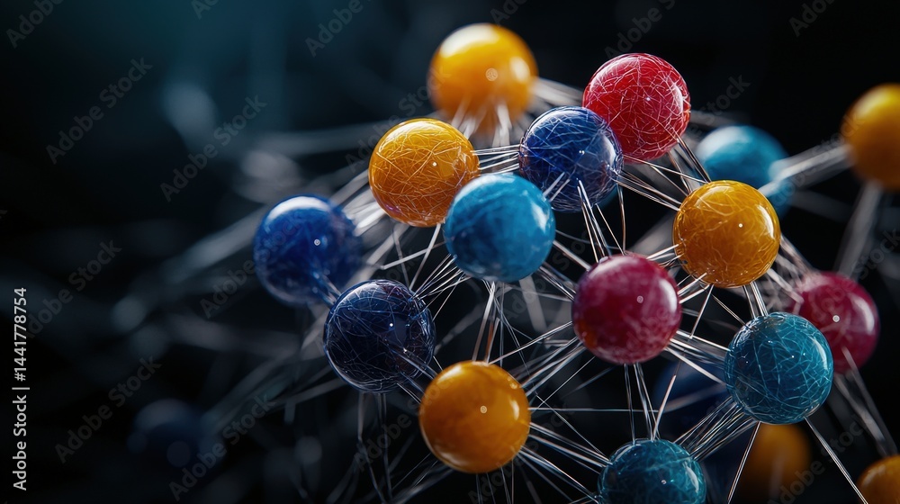 Poster Dynamic network structure abstract science concept 3d visualization dark background focused view modern design