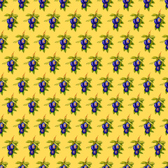 Watercolor hand drawn summer seamless pattern of plums with leaves and branches on a mustard background. The pattern can be used for textiles, packaging, congratulations.
