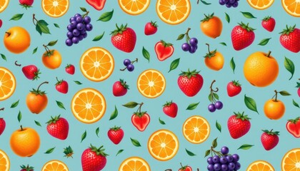 Playful pattern with a mix of oranges, strawberries, and grapes.