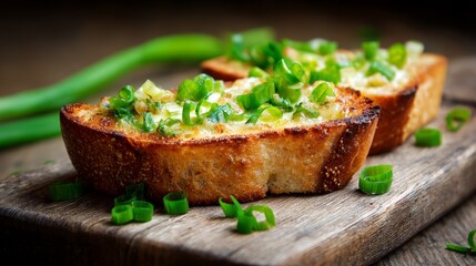 Tasty toasts with butter and slices of green onion on white background