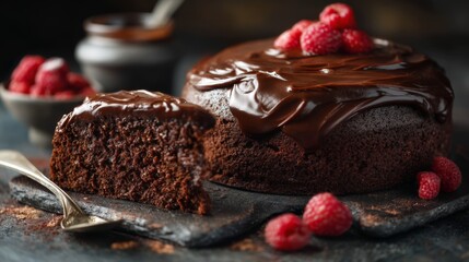Slice of chocolate cake with chocolate sauce.