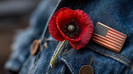 A red poppy on denim honors Memorial Day, with a flag softly behind, bathed in golden light. Remembrance and patriotism in a simple symbol.
