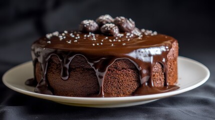 Slice of chocolate cake with chocolate sauce.
