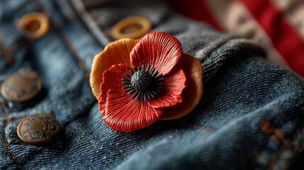 A red poppy on denim honors Memorial Day, with a flag softly behind, bathed in golden light. Remembrance and patriotism in a simple symbol.