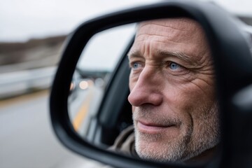 A mature man gazes reflectively into a car's side mirror, capturing the nuances of thought and self-discovery amidst the backdrop of a journey, revealed through intimate details.