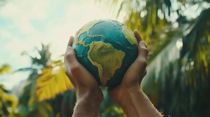Hands protecting globe of green tree on tropical nature summer background, Ecology and Environment concept
