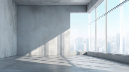 Obraz premium Minimalist concrete wall with large windows, sunlight filtering through, embodying clean modern office design.