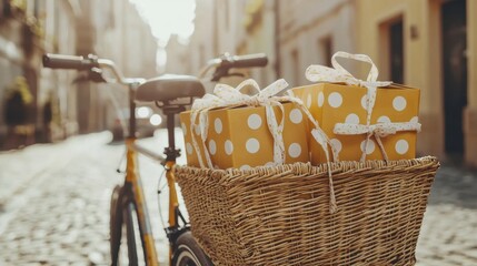 Charming bicycle with a basket overflowing with colorful gifts perfect for a joyful celebration or special occasion