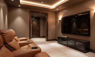 A cozy home theater room with mocha mousse-colored walls and plush leather recliners in caramel