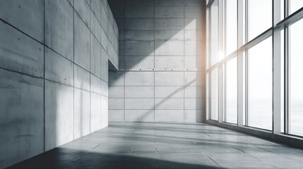 Obraz premium Minimalist concrete wall with large windows, sunlight filtering through, embodying clean modern office design.