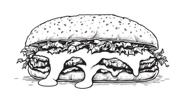 philly steak sandwich with melted cheese line art deli menu drawing