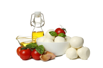 PNG, Balls of mozzarella cheese in bowl, basil, tomatoes, garlic and bottle of oil, isolated on white background
