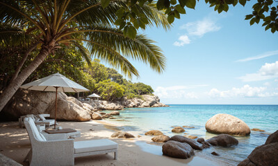 Naklejka premium Secluded Beach with Crystal Clear Water and Rocks A hidden, serene beach with crystal-clear water gently lapping at the shore, smooth rocks scattered