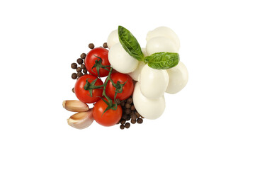 PNG, Mozzarella cheese, basil, garlic, pepper and tomato, isolated on white background, top view