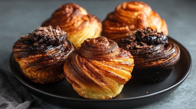 Plate of tasty cruffins with chocolate and jam on black background