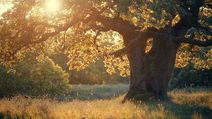 old oak tree foliage in morning light with sunlight