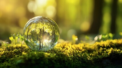 crystal globe on moss in a forest - environment concept