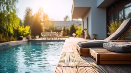 Obraz premium Modern outdoor pool with clean lines, soft light, and blurred greenery -- minimalist serenity in architectural harmony