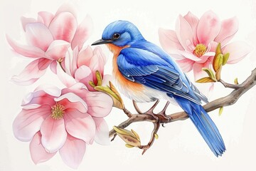 Obraz premium vibrant blue and orange bird perched on a brown branch surrounded by soft pink magnolia flowers evoking a peaceful and delicate springtime scene