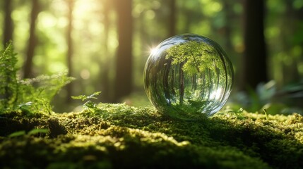 crystal globe on moss in a forest - environment concept