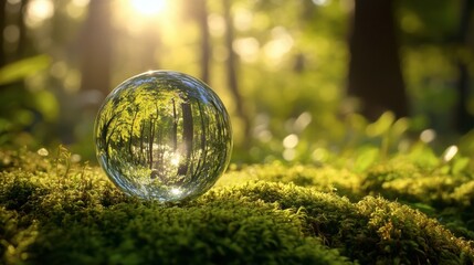 crystal globe on moss in a forest - environment concept
