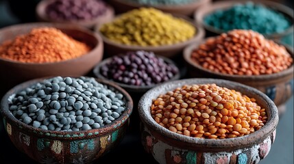 A colorful assortment of various lentils displayed in traditional bowls, showcasing their different textures, colors, and the versatility they bring to traditional dishes. 
