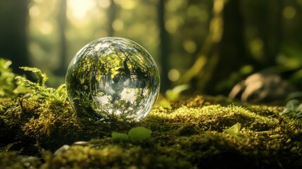 crystal globe on moss in a forest - environment concept